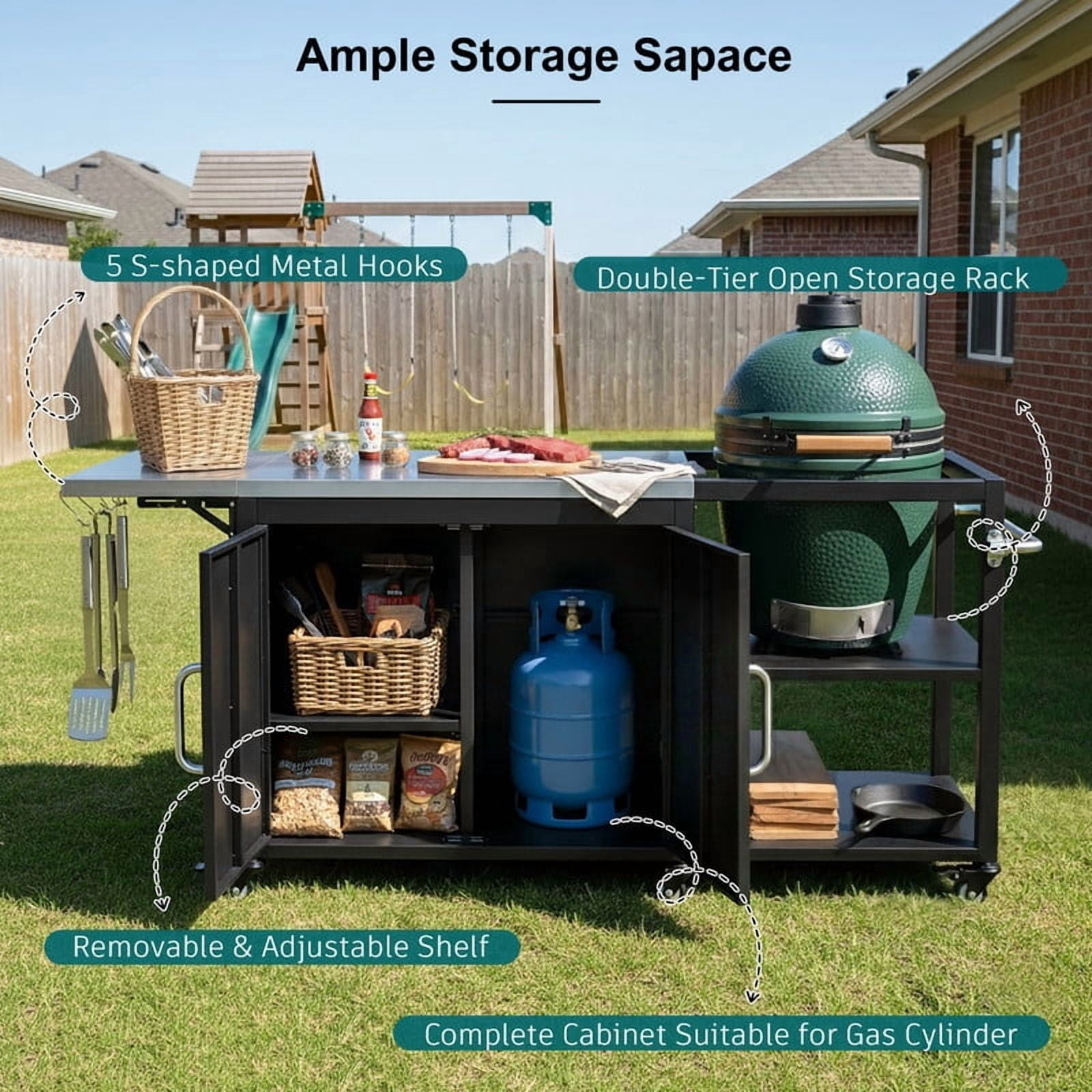 76" Outdoor Kitchen Island Grill Cart for Big Green Egg, Stainless Steel Prep Table, Outdoor Grill Table with Adjustable Shelf & Hooks & Bottle Opener for BBQ