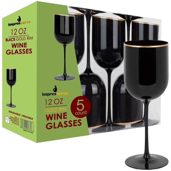 Impresserve 12 oz Black Plastic Wine Goblets with Gold Rim, Disposable Party Glasses (Set of 5)