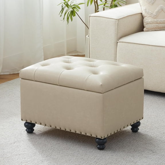 Leather Ottoman with Storage, Upholstered Button Tufted Ottoman Foot Rest, Foot Stools, 24" Rectangle Ottomans with Storage for Living Room, Bedroom, Dorms and Apartments (Beige-PU)