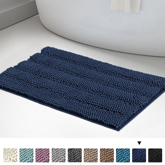 Ultra Thick Bath Rug Shaggy Chenille Absorbent Non Slip Bath Mat Navy 32" x 20"