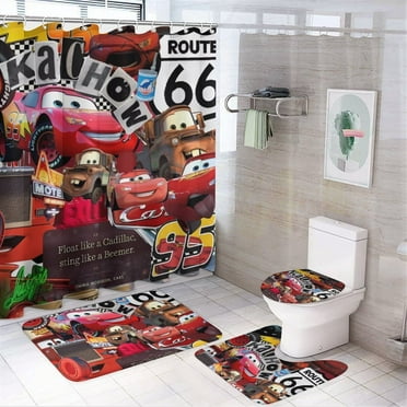 Cars Lightning McQueen 4Pcs Family Shower Curtain Sets with Non-Slip Rugs, Toilet Lid Cover And Bath Mat, Black Home Bathroom Decor Set Accessories Waterproof Shower Curtains with 12 Hooks, 72 X 72 In