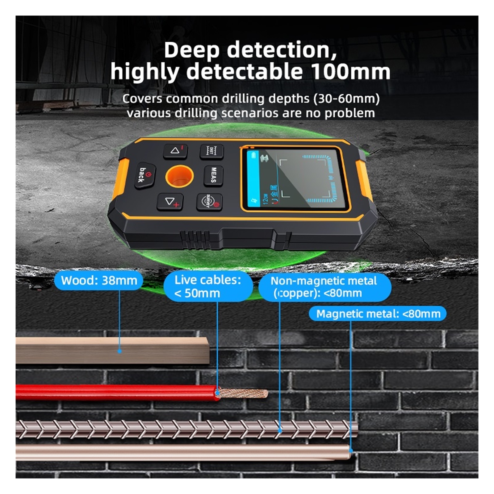 Handheld Wall Metal Detector Scanner with Positioning Hole Wooden AC Wires Metal Pipes Rebars ,Accurate Readings