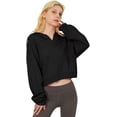thumbnail image 2 of Women's Cute Long Sleeve Drawstring Drop Shoulder Cropped Workout Hoodie Sweatshirt V Neck Pullover Crop Tops Black L, 2 of 8