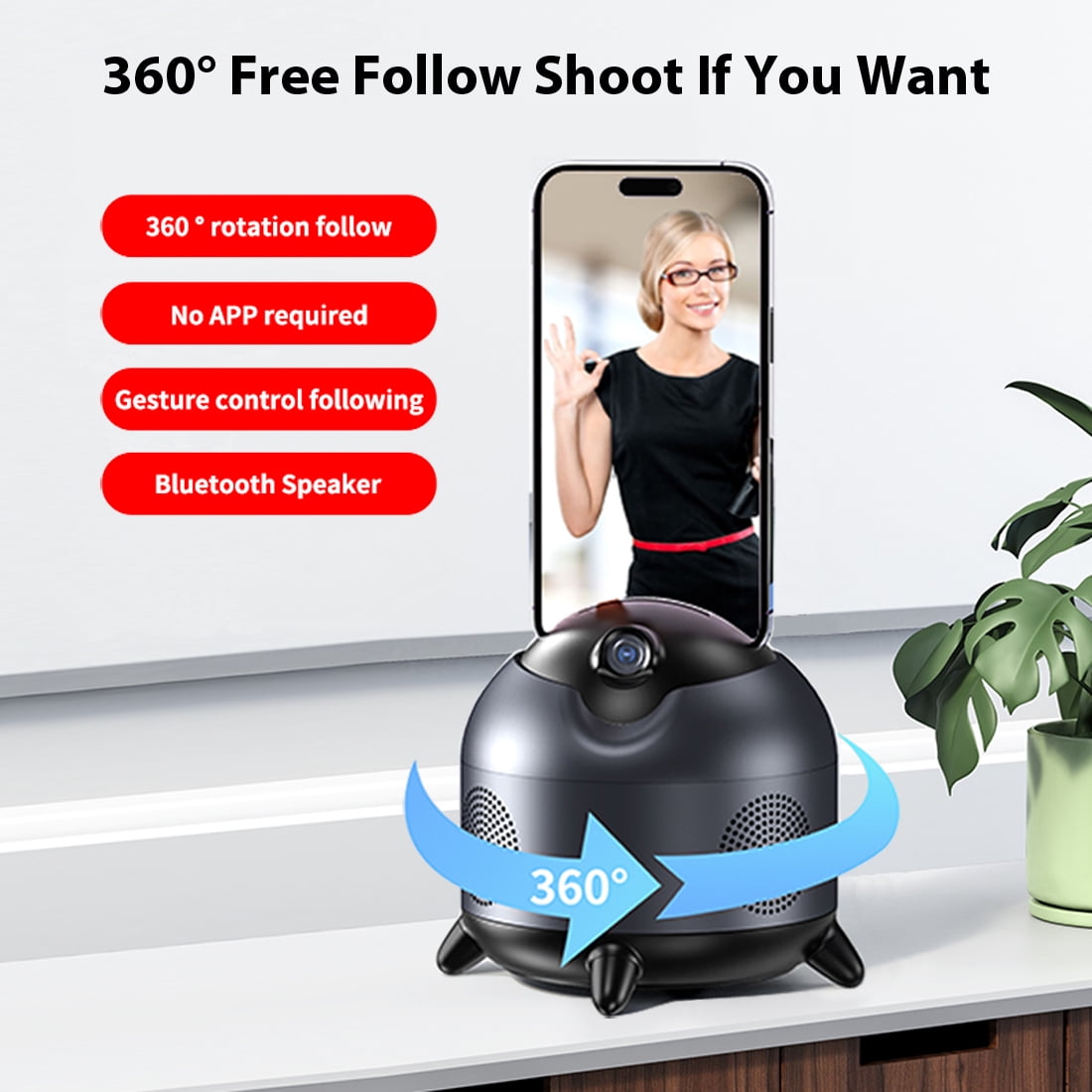 360° Auto Face Tracking Tripod with Gesture Control, Auto Tracking Phone Holder with Bluetooth Speaker function for  Video, Vlog, Live Stream.