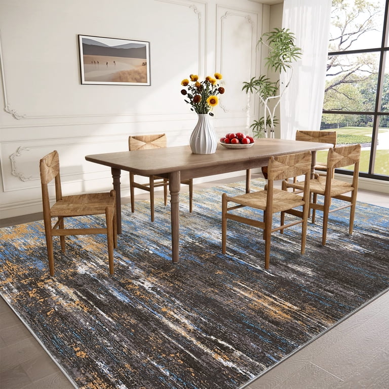 Modern Abstract Area Rug 8x10 - Low Pile, Non-Slip, Washable, Stain-Resistant, Gray Neutral Print For Living Room, Bedroom, Office