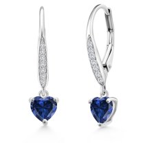 Gem Stone King 925 Sterling Silver Blue Created Sapphire and White Lab Grown Diamond Leverback Dangle Drop Earrings for Women (1.70 Cttw, Gemstone September Birthstone, Heart Shape 6MM)