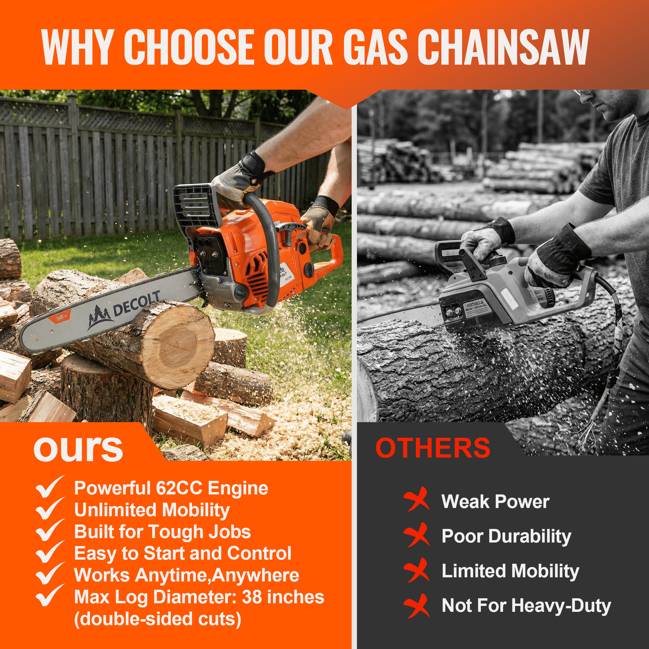 62CC Gas Chainsaw 20” Powerful 2-Stroke Gasoline Chainsaw for Cutting Wood and Pruning Trees 6220YM