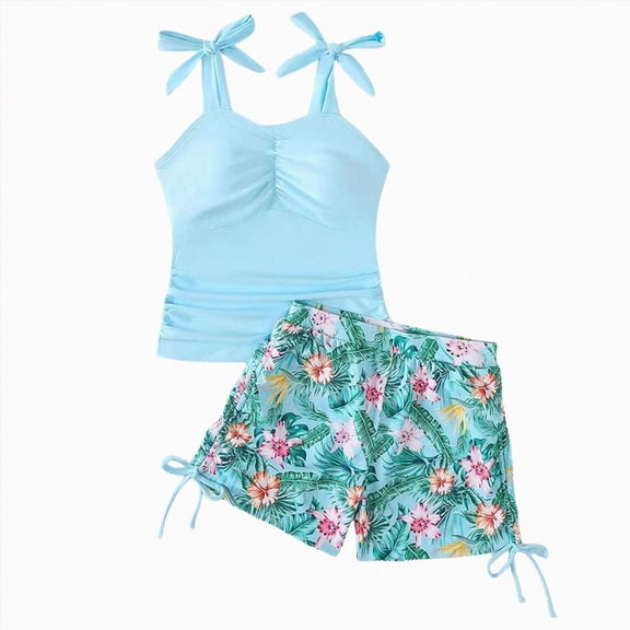 Ymyiu Swimsuit Girls Girls Swimsuit 2 Piece Bathing Suit Ruched Girl Tankini Sets Printed Girls' Swimwear Size 9-10 Years (Light Blue,9-10 Years)