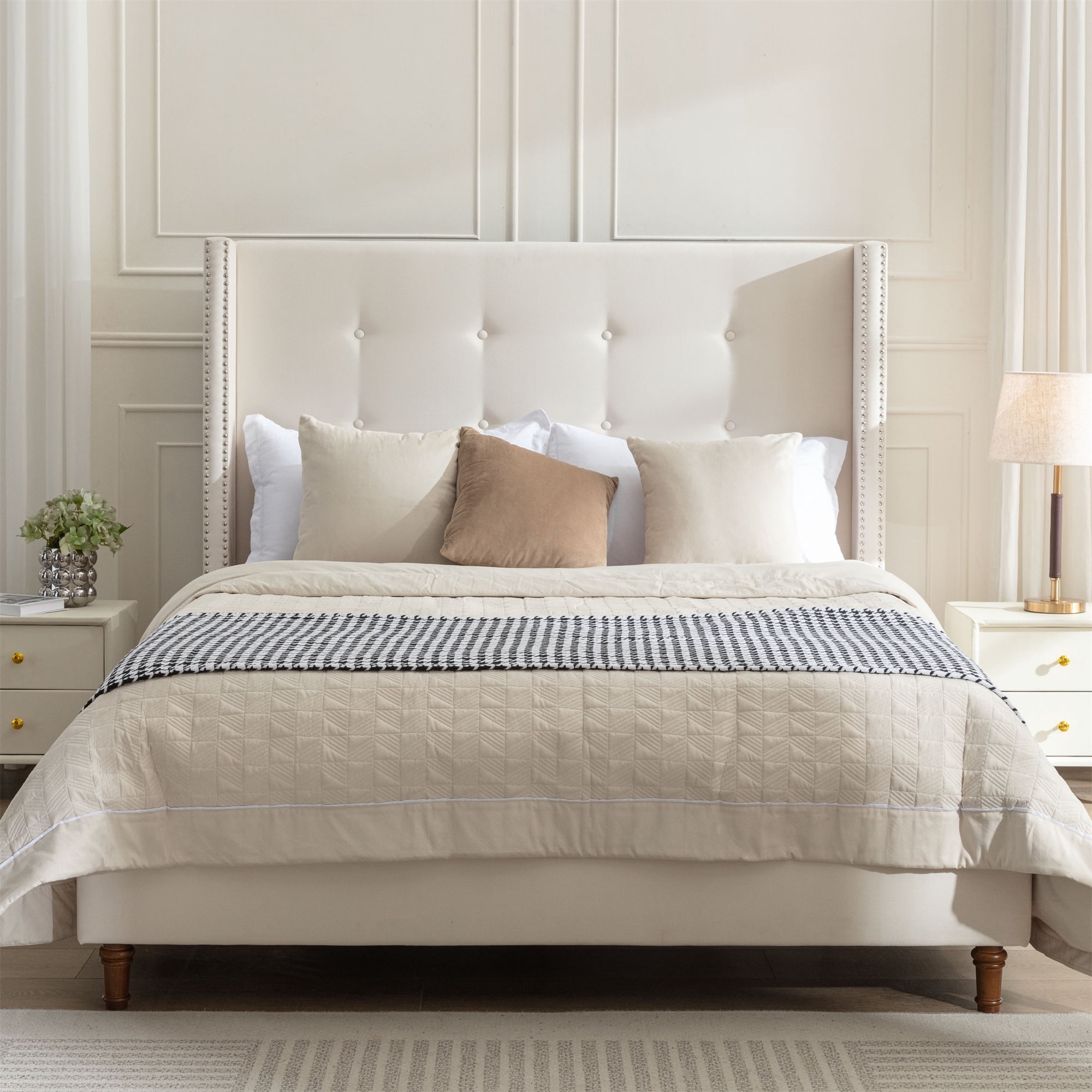 Miniyam King Size Platform Bed Frame with 54" High Wingback Headboard, Tufted & Nailhead Trim, Beige