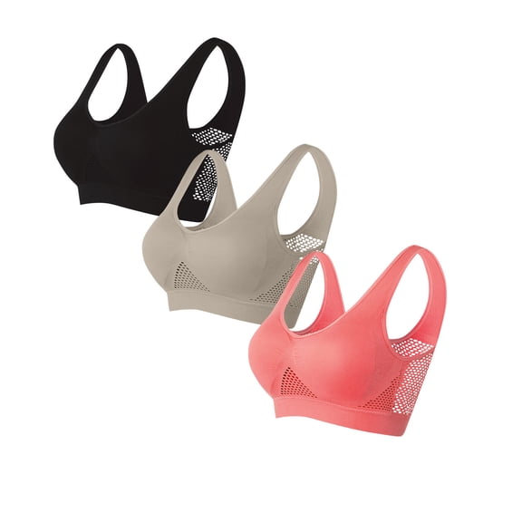 3PCS Sports Bras for Women Plus Size Workout Wireless Bra Breathable Anti Sagging Hollow Out Fitness Running Tops(Coffee 42BC)