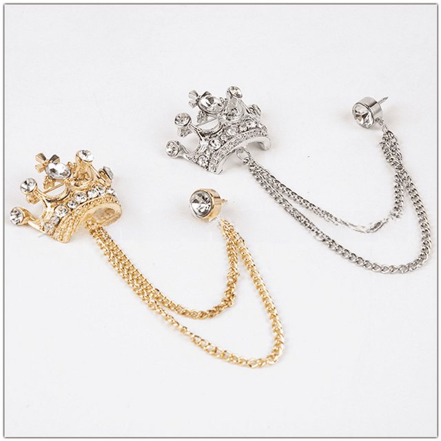Broche de corona vintage de moda con doble borla de plata y cruz de diamantes con destellos de cristal, accesorios de ramillete