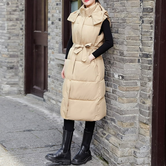 Gamivast Long Quilted Vest for Women Hooded Loose Button Down Sleeveless Padded Jacket Winter Casual Zip up Coats with Pockets Trendy Work Solid Outerwear 2025