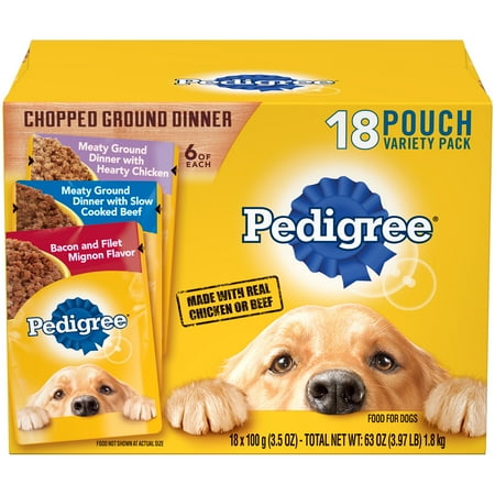 Dogs 8 Ounce Pouches - PEDIGREE Chopped Ground Dinner Adult Wet Dog Food Variety Pack, (18) 3.5 oz. Pouches