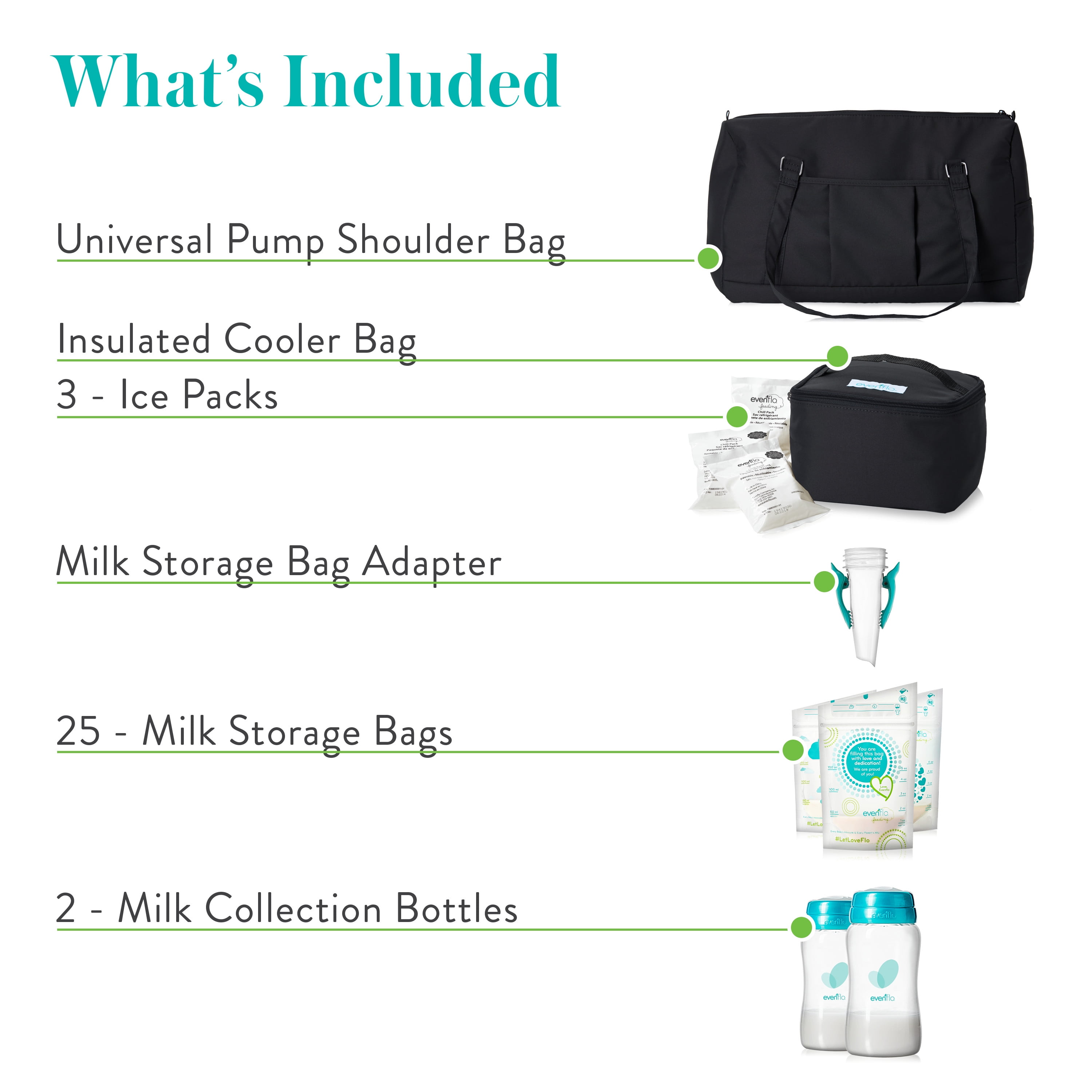 Evenflo Feeding Black Pumping Accessories Tote for Breastfeeding - with Milk Collection Bottles, Bags and Breast Pump Adapters