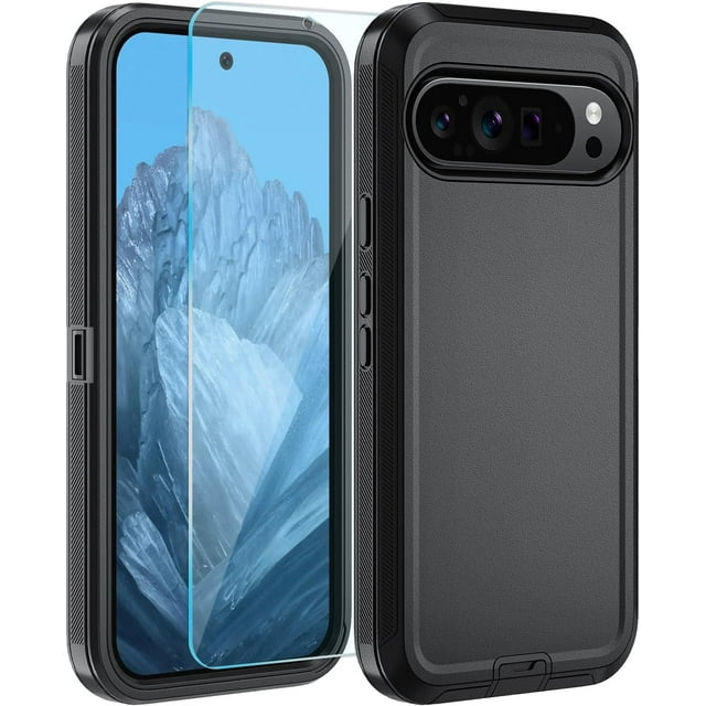 KOMI for Google Pixel 9/ Pixel 9 Pro Case, with HD Tempered Glass Screen Protector, Heavy Duty Shockproof Drop Protective Rugged Tough Durable Phone Cover Black