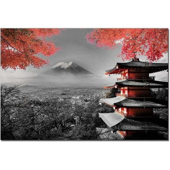 Japanese Temple in Autumn Black White Red Landscape Artwork Canvas Painting for Living Room Wall Art Home Decorations Poster Print Framed Ready to Hang (Japanese Temple, 12x16inch)