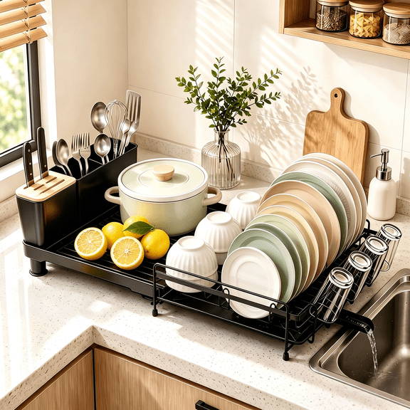 TAIMASI Extendable Dish Drying Rack, Large Anti-Rust Drainboard with Utensil & Cup Holders for Kitchen Counter,Black