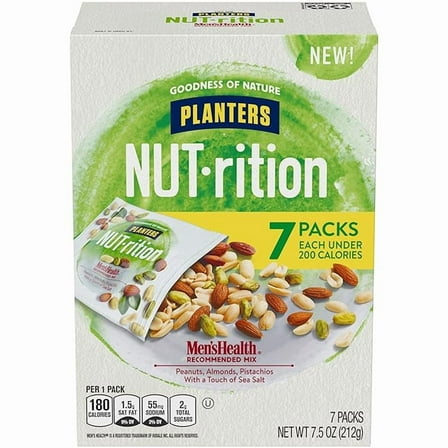 Planters NUT-RITION MEN'S HEALTH Recommended Nut Mix with Peanuts, Almonds, Pistachios Sea Salt, 7 ct of 1.25 oz Packs( Pack of 2 )