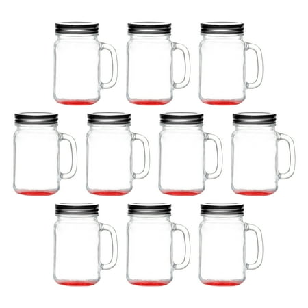 10 Libbey Handle Mason Jars with Lids Set, 16 oz. - Traditional style, Drinking, Glassware - Red