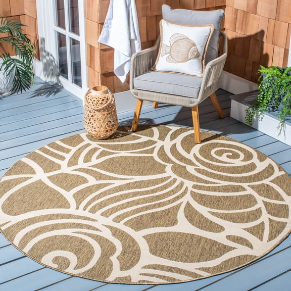 SAFAVIEH Courtyard Chester Floral Indoor/Outdoor Area Rug, Coffee/Sand, 7'10" x 7'10" Round