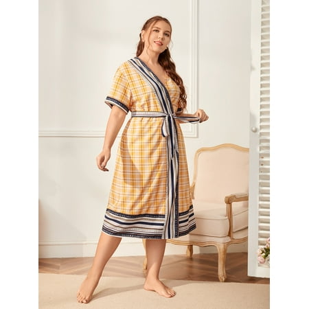

Women s Plus Plaid Belted Sleep Robe Without Lingerie Set 2XL(16) Multicolor Casual F22001D