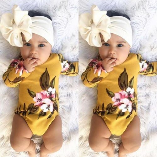 Infant Baby Boys Girls Long Sleeve Floral Print Romper Jumpsuit+Headband Outfits 