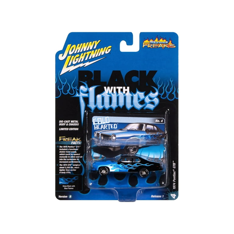 1974 Pontiac GTO Black and Blue with Blue Flame Graphics with