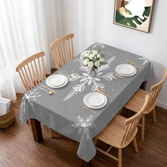 Grey Christmas Table Cloth Waterproof Tablecloths, Xmas Snowflake Winter Tablecloth Dining Table Cover for Kitchen Party Tabletop Outdoor, Rectangle Tablecloth 52x70 Inch
