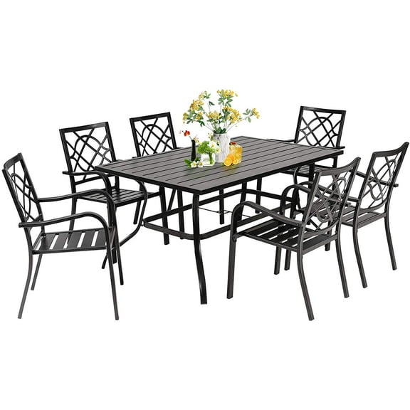 SUNCROWN 7-Piece Outdoor Wrought Iron Chairs and Table Patio Dining Furniture Set - 6 Stackable Metal Chairs and 1 Rectangular Steel Slat Bistro Table, Black