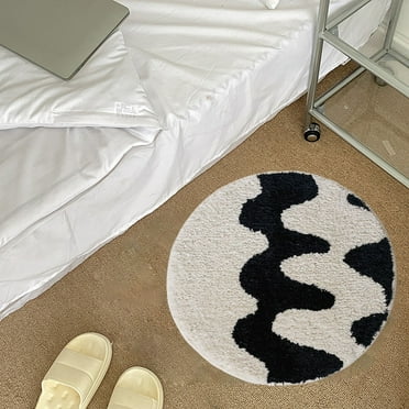 SDJMa 100% Cotton Tufted Bathroom Rugs Luxurious Plush Black and White Pattern Bath Mat Absorbent, Quick Dry, Spa Design Shower Room Décor, Circular 15.7" x 15.7"
