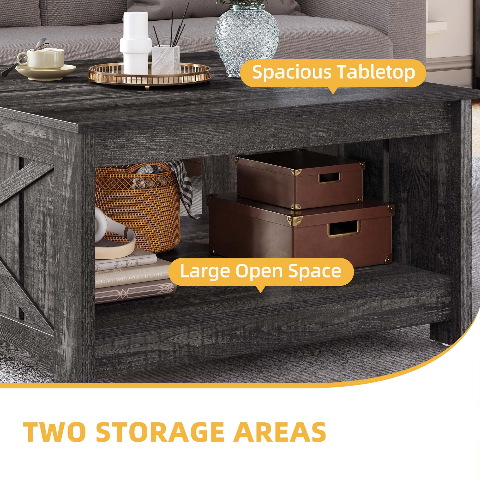 DWVO Square Coffee Table with Storage Farmhouse Living Room Table with Barn Door, Dark Grey