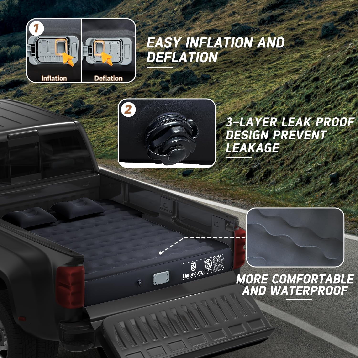 Umbrauto Truck Air Mattress for 6-6.5ft Full Size Truck Bed, Rechargeable Wireless Pump, Upgraded Peach Skin Fabric Top, Pickup Tent Airbed for Outdoor Travel