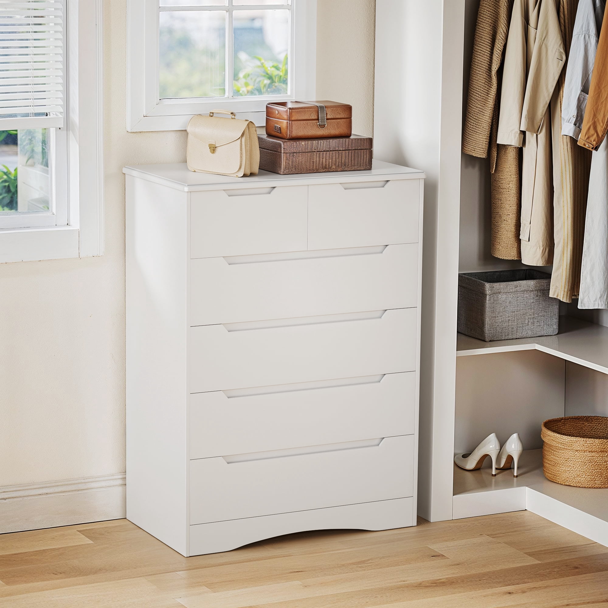 Lofka 6 Drawer Dresser for Bedroom, Tall White Vertical Chest of Drawers with Anti-Tipping, Dual-Size Drawers, Small Space Storage Solution for Apartment, Guest Room