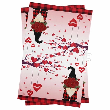 Red Pink Gnomes Valentines Kitchen Towels Set of 2 Water Absorbent Dish Towel Love Heart Tree Roses Plaid Decorative Hand Towels - Quick Drying Cloth for Cooking Baking 18x28 Inch