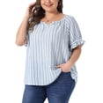 thumbnail image 4 of Agnes Orinda Women's Plus Size Cotton Lined Top Stripes Notch V Neck Puff Short Sleeve Blouses Summer Casual Tops 1X Navy Blue, 4 of 6
