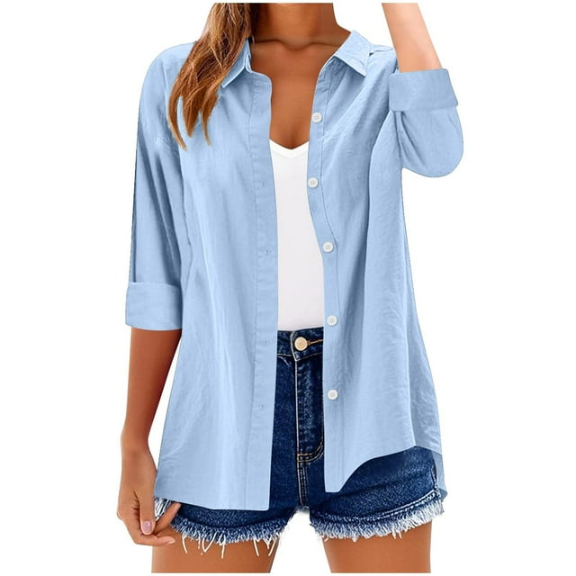 Taqqpue Womens Button Down Shirts Striped 3/4 Sleeve Casual Collared Office Business Work Summer Fall Blouses Tops