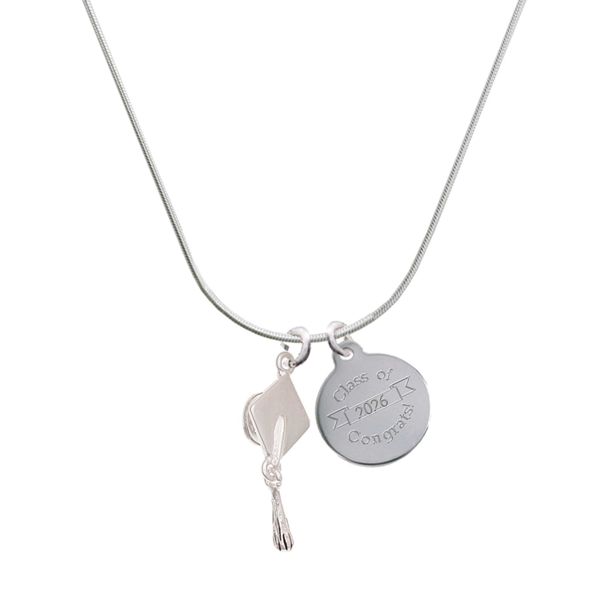 Delight Jewelry Silver-tone 3-D Graduation Hat - Engraved Congrats Class of 2026 Charm Necklace, 18"