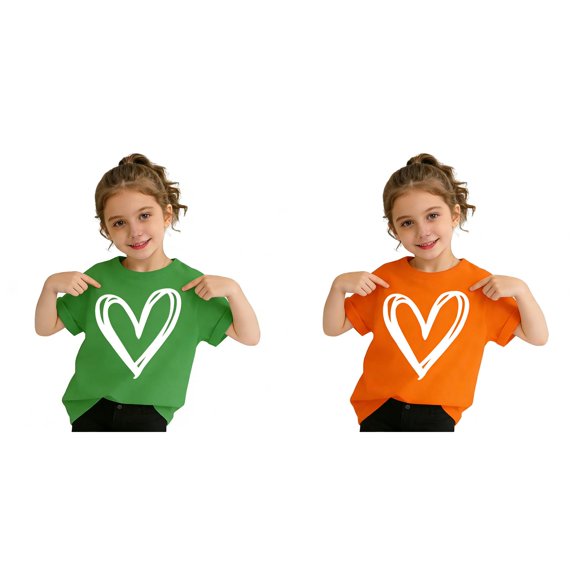 SGMVNU 2 Pack Girl's T Shirts Fashion Summer Short Sleeve Heart Print Graphic Tees Casual Loose Fit Basic Top, Size 5-6 Years, Green & Orange