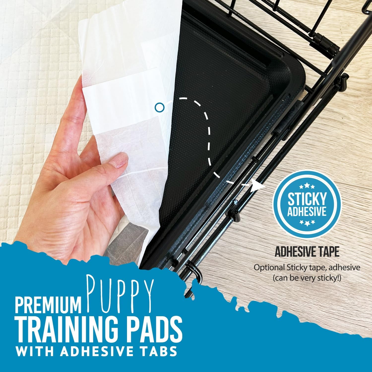 Bulldogology Premium Puppy Pee Pads with Adhesive Sticky Tape (24x24) Large Dog Training Wee Pads with 6 Layer Extra Quick Dry Bullsorbent Polymer Tech (150-Count, White)