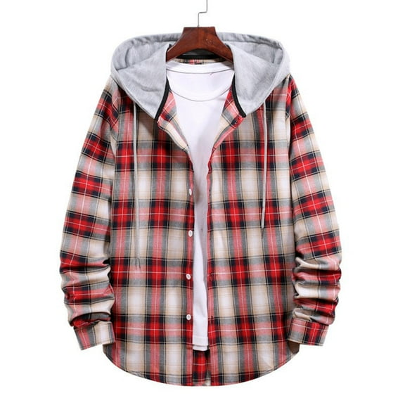 tarylea Mens Jackets Long Sleeve Plaid Button down Drawstring Curved Hem Hoodies Casual Loose Fall Dressy Tops