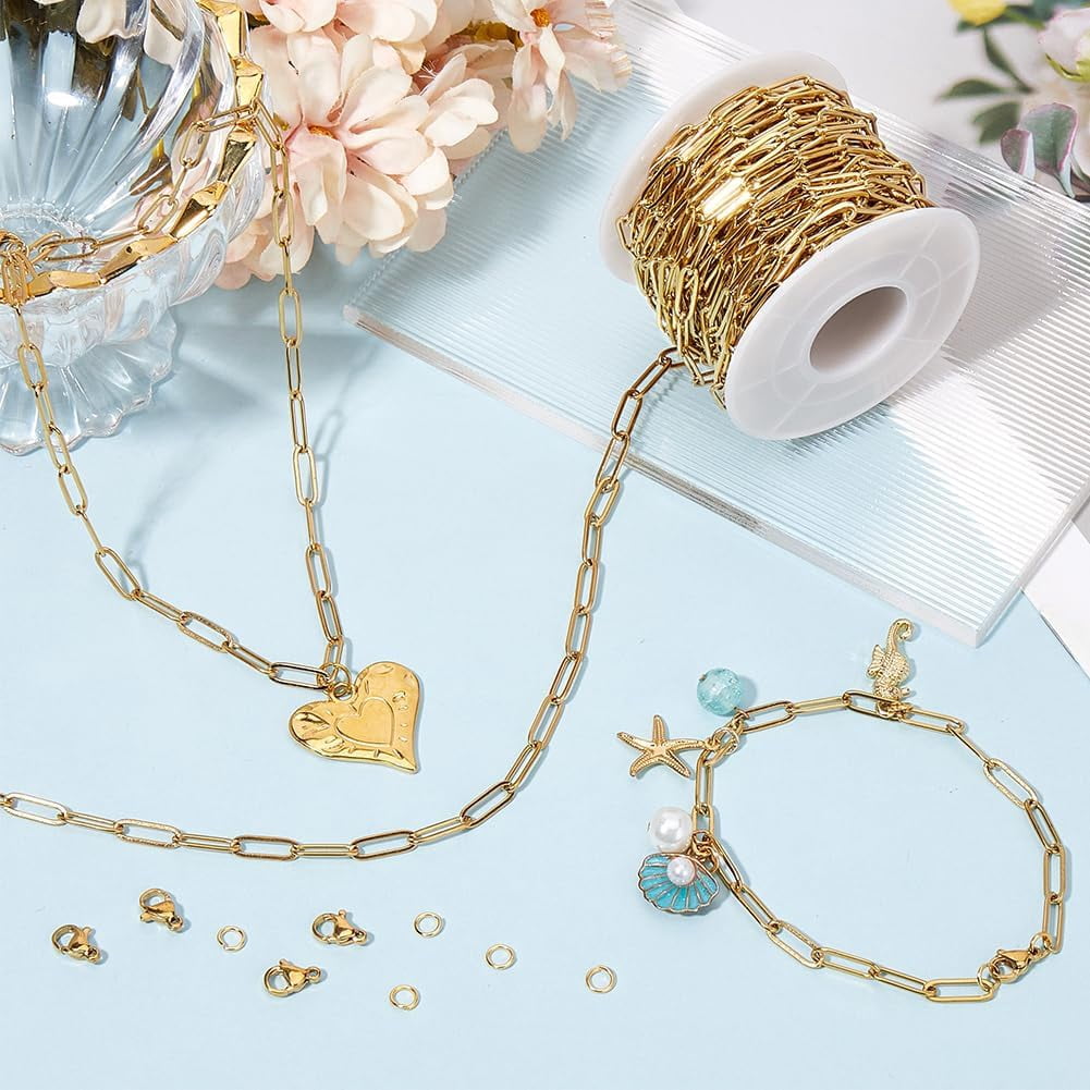 32.8 Feet Gold Paper Clip Chain Bulk Jewelry Paperclip Chain 18K Gold Plated Stainless Steel 12mm Oval Paper Clip Roll Spool Link Chains Kits
