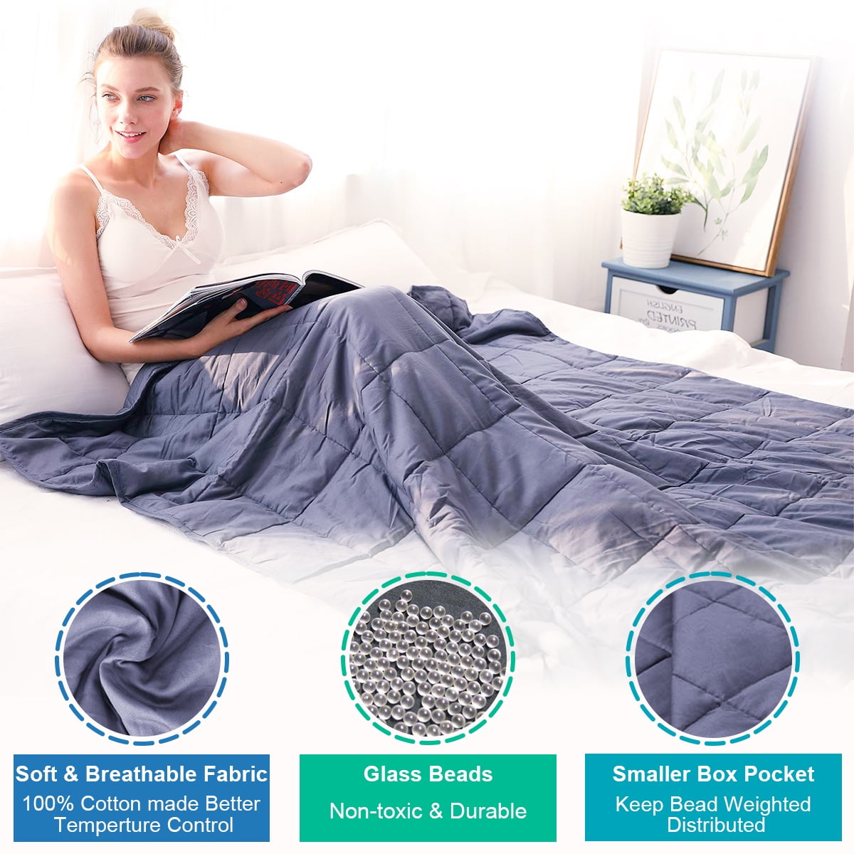 Well Being Soft Weighted Blanket (12lbs, 48x72in) Cotton with Glass Beads for Kids Adult Luxury