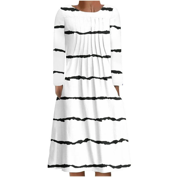 Lindreshi Casual Fall Dress Women's Casual Round Neck Long Sleeve Folding Floral Printed Dresses