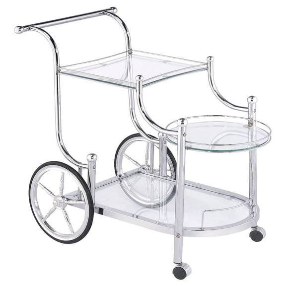 FurniFact Carriage Style Bar Cart, Chrome, 3 Tiers, Clear Glass, Spoke Wheels