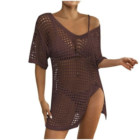 ZVNAH Womens Crochet Side Split Beach Swimsuit Bikini Cover Up V Neck Short Sleeve Hollow Out Blouse Tops Summer Clearance