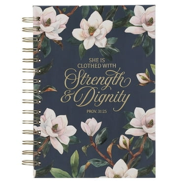 Christian Art Gifts Inspirational Journal, Strength & Dignity Wide Ruled Notebook,  Prov. 31:25 Bible Verse, Navy Blue Floral, 192 Lined Pages w/scripture, (8.4” x 6.4” x 1”)