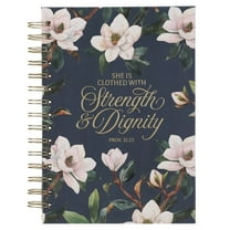 Christian Art Gifts Inspirational Journal, Strength & Dignity Wide Ruled Notebook, Prov. 31:25 Bible Verse, Navy Blue Floral, 192 Lined Pages w/scripture, (8.4” x 6.4” x 1”)
