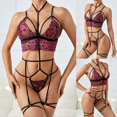 

Floleo Lingerie for Women Deals Women Exquisite Mesh Lingerie Bra+Garter+Briefs Set Babydoll Cut-Out Sleepwear Valentines Day Gifts