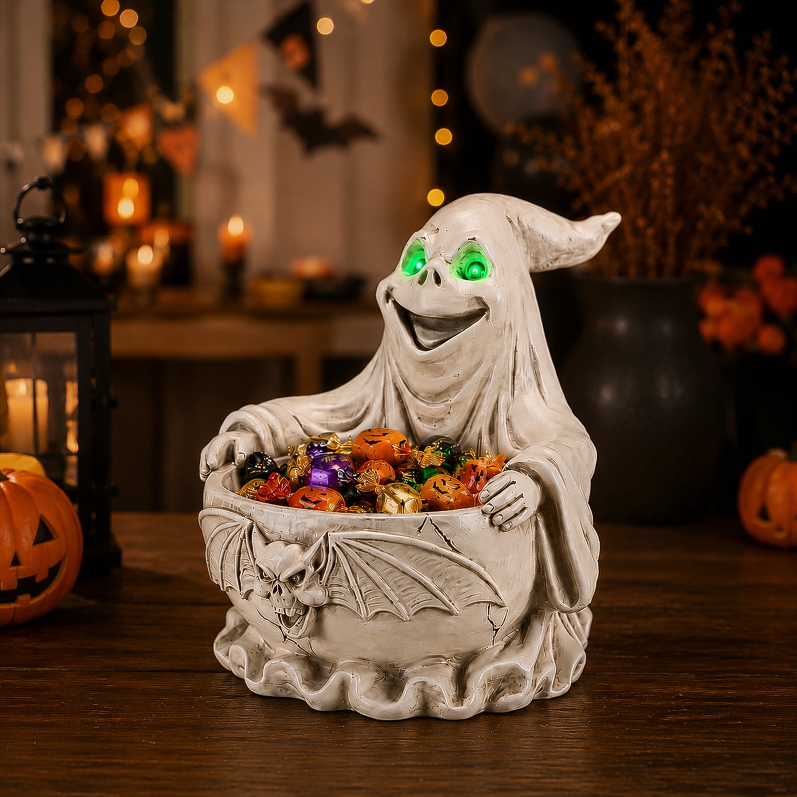 Halloween Ghost Candy Bowl with LED Glowing Eyes Resin Tabletop Decor Bat Design