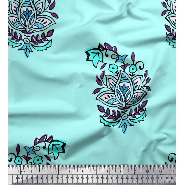 Soimoi Moss Georgette Fabric Leaves & Floral Block Print Fabric by The Yard 42 Inch Wide